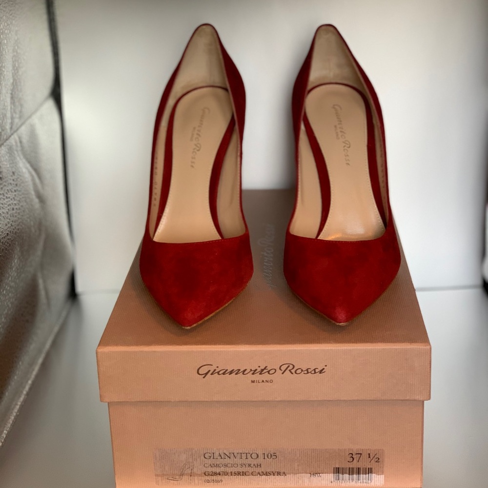 Worn Once. Gianvito Rossi Syrah/Red Suede Heels 105mm, Size 37.5